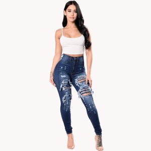 Factory Wholesale dark blue tight super skinny ripped high waist womens damaged denim stretch pants jeans