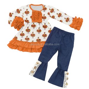 Fashion Baby Girl Bouique Thanksgiving Clothing Turkey Print Jeans Lace Button Thanksgiving Outfit