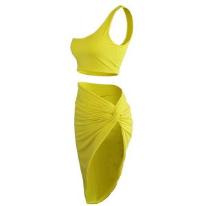 Fashion Beach Dresses Women Summer Off One Shoulder Crop Top Two Piece Set Sexy High Split Ruched Midi Skirt