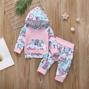 Fashion Flower Printing Pullover Spring Autumn Baby Girl Printing Long Sleeve Hoodies And Trousers Kid Two-piece Outfit Set