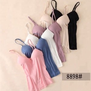 Fashion girl comfortable cotton tank top with padded bra sexy camisole with straps singlet with bra inside
