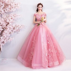 fashion princess evening dress off shoulder v neck flower embellished pink Wedding Dresses ball gown