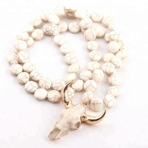 Fashion women necklace White Beige Flat Beads Skull head necklace Knot Bull Skull horn Pendant necklace  jewellery