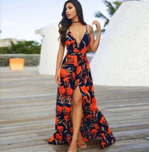 Floral Print Ruffles Chiffon Maxi Dresses Strap V Neck Split Beach Summer Dress Sexy Backless Women Dress Long Vestidos
