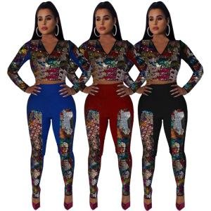 FM-3596 2019 womens clothing latest design 2 piece set clothing colorful sequins plus size two piece set