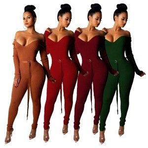 FM-8323 Autumn Winter women one piece off shoulder long sleeve sexy bodycon knitted sweater jumpsuits