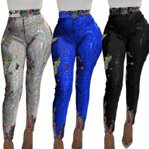 FM-CY8029 shiny bling pencil sequin pants women clothing ladies sexy skinny sequins night club trousers