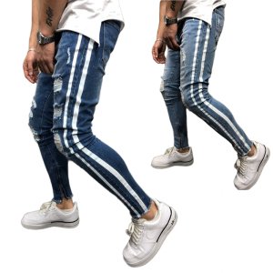 Foreign trade and American hot - selling fashion - breaking elastic jeans slim men ' s pants Skinny biker denim hole trousers