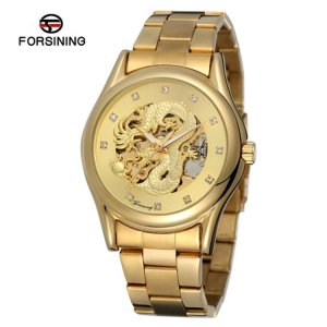 Forsining 140 Classic Dragon Design Silver Stainless Steel Diamond Display Men Automatic Wrist Watches Support Custom