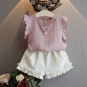 Girls Clothing Sets Summer Children Clothing Wear Pearl Chiffon T-Shirts + Shorts Sets Kids Clothes For Girl