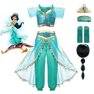 Girls Princess Jasmine Dress Halloween Party Fancy for Kids Aladdin's Lamp Children's Set Jasmine Top Pants Cosplay Costume