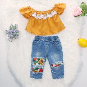 Girls summer outfit boutique clothing sets children off shoulder top+ ripped jeans pants 2pcs toddler girl clothes