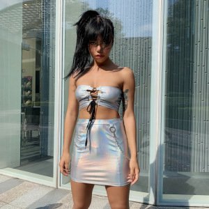 Glitter Holographic Sexy Two Piece Set Summer Women Club Outfits Lace Up Crop Top Mini Skirt Bodycon Short Dress Y11920