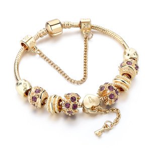 Gold Color Bead charm bead bracelet With Crystal Heart and Key Pendant Charm Bracelet