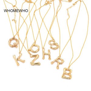 Gold Hammered Metal Bamboo 26 Letter Alphabet A-Z Minimalist Initial Statement Pendant Necklace Fashion Twist Long Chain Jewelry