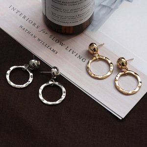 Gold Tone Shiny Uneven Round Hammered Textured Hoop Earrings Solid Color Round Circle Drop Earrings