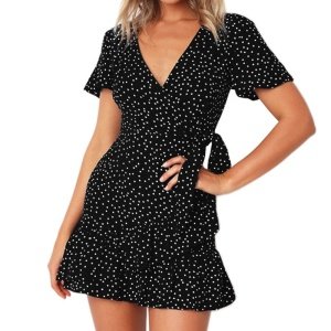 High quality summer V-neck short sleeve pleated polka dot dress for women