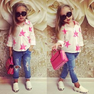 High Quality Wholesale Children Clothing Pretty Star Shirt Jeans Outfits Clothes Set Kids