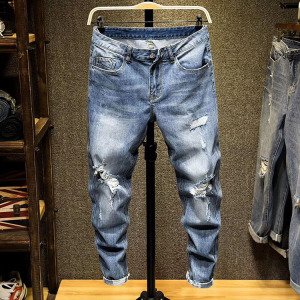 Hot Custom Mens Big Hole Blue Denim Distressed jeans pants