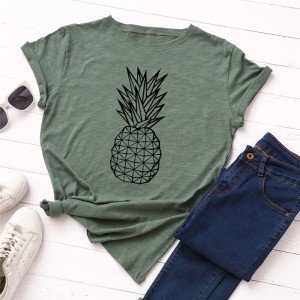 Hot Sale 100% Cotton T-shirt Women O Neck Plain Short Sleeve Tshirts  Print Black Pineapple Casual T Shirt For Women