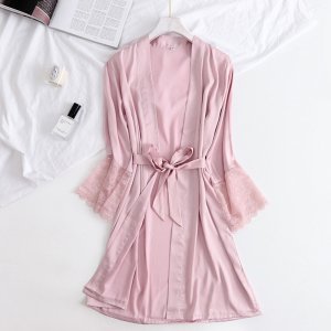 Hot Sales NEW Style Plain Color Pleasant Wedding Gift Pink Ice Silk Bridesmaid Lace Bride Robe