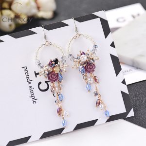 Hot selling fashion long flower crystal beads hook rose petal earrings for women and girls