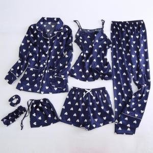 Hot selling spring summer fall women girls sleepwear 7 pieces set wholesale printed satin pajama