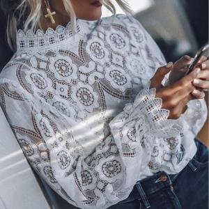 Hot White Lace Transparent Lady Sexy Hollow Out Shirt Casual Long Sleeve Blouse Woman Top