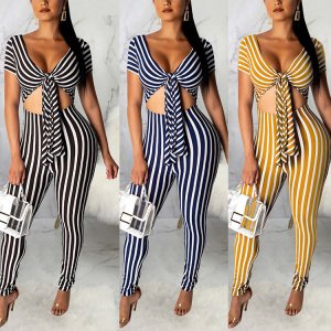 In Stock 2019 Summer Latest Design 5 Color Striped Print Chest Knot Design One Piece Fashion Jumpsuit Women