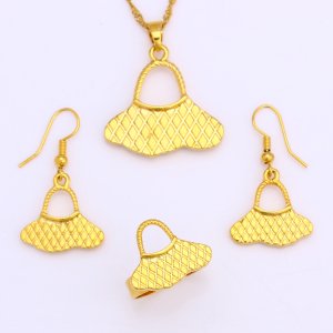 JH Gold Plated Fashion Copper Bag Jewelry Set Earring/Pendant/Ring Unisex Jewelry