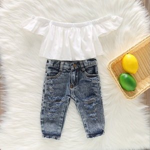 Kids 2 pcs Clothing Set White Off Shoulder Crop Top Shirt and Distressed Jeans Toddler Girl Summer Clothes Set top and Jeans