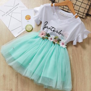 Korean style Girl Flower Fairy suit cotton two pieces suit Summer girl T shirt and cute skirt for 6 years old