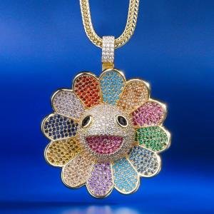 KRKC&CO Hip Hop Jewelry 14k Gold Custom Iced Out Takashi Murakami Sun Flower Fidget Spinner Pendant