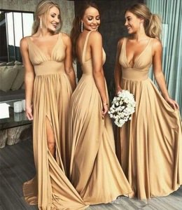 L2104 Gold Bridesmaid Dresses Blue Jersey Mixed Style Split Long Maid Of Honor Gowns Spandex Party Wedding Guest Dresses