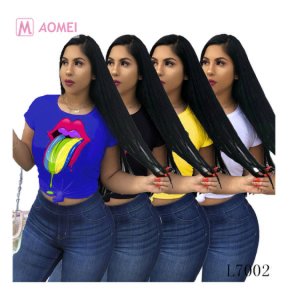 L7002 Hot sale summer casual colorful lip printed t-shirt short sleeve women tops