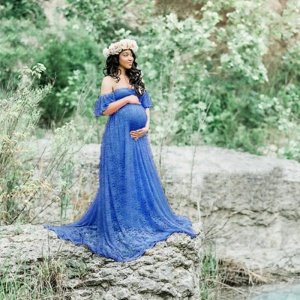 Lace Overlay Maternity Wrap Maxi Dress Photography Props Fancy Gown with Train for Baby Shower Photo Shoot