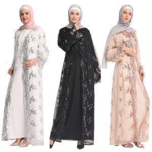 Latest Elegant Lace Sequin Mesh Islamic Cardigan Women Fashion Open Abaya