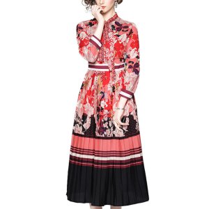 Latest fashion hot style women casual dress collection long sleeve pleated slim design plus size summer print midi dress