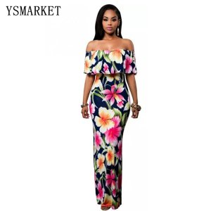 Latest Lady Off The Shoulder Ruffle Flower Print Maxi Dress High Elasticity Ankara Customized African Digital printed long dress