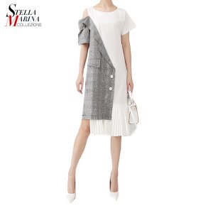 Latest Summer Fashion Design Patchwork Pleated Simple Elegant Asymmetrical Dress One Shoulder Open Lady Casual Midi Dress 5108