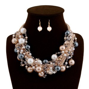Layered Clear Rhinestone Crystal Pearl Beads Chain Necklace Choker Statement Necklace