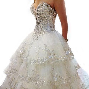 LL004 Free Custom Luxury Ivory Rhinestone Beaded Appliques Sweetheart Ball Gown Tiered Chapel Train Crystal Wedding Dress