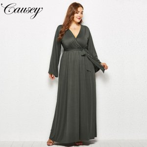 Long sleeve big size v neck floor length arabic style dresses for women