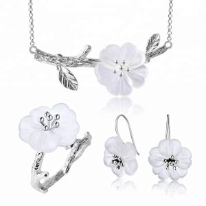Lotus Fun Cherry Flower in the Rain With Pendant Necklace Ring Drop Earring 925 Sterling Sliver Crystal Jewelry Set For Women