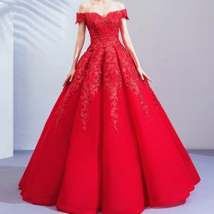 Luxury Beaded Wedding Dresses 2019 Saudi Arabic Puffy Red Ball Gown Lace Appliques Bridal Dresses  Sexy Wedding Gowns