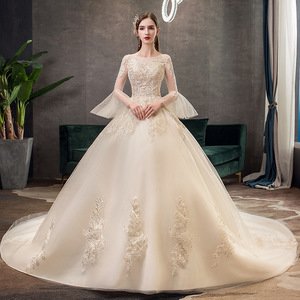 Luxury Champagne Color Elegant Lace Decorate Wedding Dresses Turkey Istanbul Long Tail Ball Gown Wedding Dress
