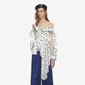 Luxury new design special cutting one shoulder puffy sleeve Polka dot mesh blouse  womens pleated skirt bottom shirt