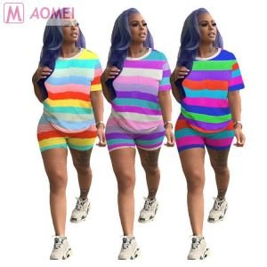 M5023 fashionable summer cute trend rainbow striped t-shirts woman two piece outfit