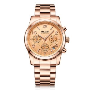 MEGIR 2057 Women Quartz Watch Lady New Rose Gold Wristwatch Stainless Steel Watches With Workable Dial