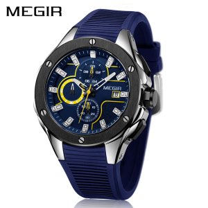 Megir Men  blue sport watch waterproof Chronograph Silicone Strap Quartz Army Military Watches Clock Men watch